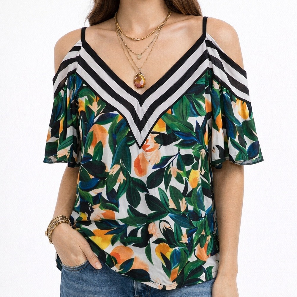 Nicole by Nicole Miller Womens S Floral Cold Shoulder Semi Sheer Blouse‎ NWT